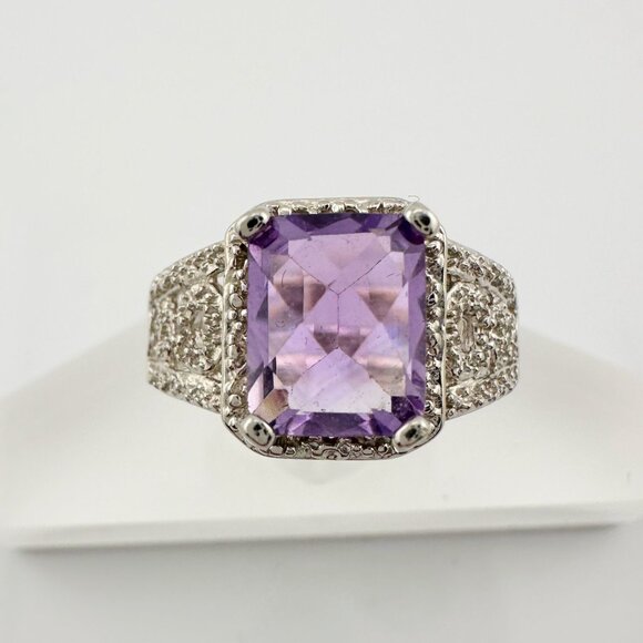 Beautiful Emerald Cut 2.25 Carat Amethyst Ring - Sterling w Diamond Accent Size - Picture 11 of 16